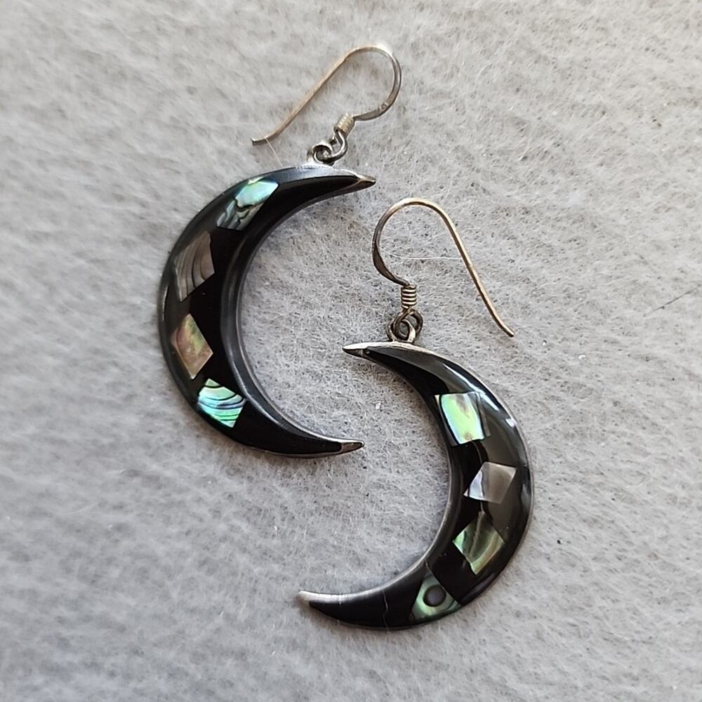 .925 Sterling Silver and Abalone Crescent Moon Hook Earrings Dangle